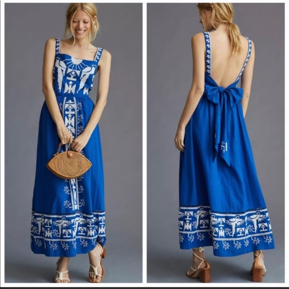 Farm Rio Navy Macaw Embroidered Maxi Dress